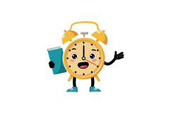 Happy cartoon clock character holding a book in flat vector Product Image 1