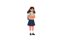 Sad schoolgirl holding books in flat vector illustration sty Product Image 1
