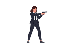 Confident woman aiming firearm in a professional suit flat v Product Image 1