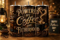 Powered By Coffee And Fatherhood Tumbler Wrap PNG, Coffee Product Image 1