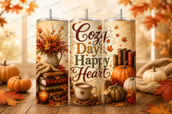 Cozy Days Happy Heart Autumn Tumbler Wrap PNG, Fall Pumpkin Product Image 1