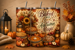 Baked with Love &amp; Autumn Magic Tumbler Wrap PNG, Cozy Fall Product Image 1