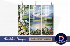 Mountain lake landscape blossoms Tumbler PNG Design Product Image 1