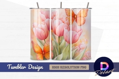 Pink tulips and orange butterflies Tumbler PNG Design Product Image 1