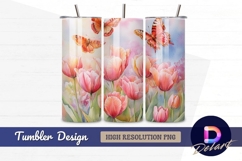 Watercolor tulips and butterflies Tumbler PNG Design Product Image 1