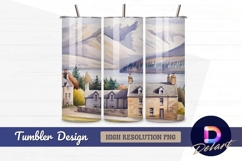 Watercolor landscape houses mountain lake Tumbler Wrap PNG Product Image 1