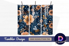 Floral bees on navy background Tumbler PNG Design Product Image 1