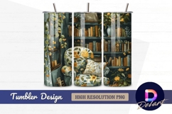 Cozy reading nook with books and flowers Tumbler PNG Design Product Image 1