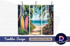 Tropical beach scene with surfboards Tumbler PNG Design Product Image 1