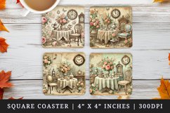 Tea party garden gathering scene table chairs blooming roses old clock antique furniture vintage print square coaster mug coasters sublimation design