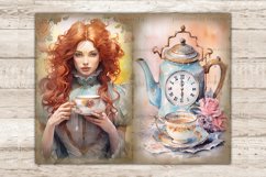 Watercolor vintage pages Junk Journal tea party. A white-skinned red-haired girl in a green Victorian dress holds a cup of tea decorated with gold ornaments and flowers. Blue vintage teapot with a built-in clock with Roman numerals on the dial