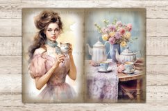 &quot;Watercolor vintage pages Junk Journal tea party. A fair-skinned girl with brown hair in a pink Victorian dress and a blue scarf around her neck holds a cup of tea with a flower print and a saucer in her hand. Tea set of two teapots and two cups &quot;