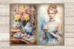 Watercolor vintage pages Junk Journal tea party. A white-skinned blonde girl in a blue Victorian dress holds a cup of tea with a flower print in her hands. Blue vintage teapot, freshly cut yellow and pink flowers in a glass jar, a cup of tea on the table