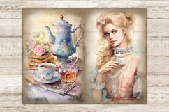 Watercolor vintage pages Junk Journal tea party. A white-skinned blonde girl in a white and pink Victorian dress holds a cup of tea decorated with a red ornament in her hand. Blue vintage teapot, a stack of four Viennese wafers with roses on them