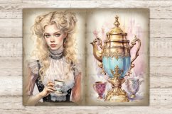 Watercolor vintage pages Junk Journal tea party. A white-skinned blonde girl in a black dress with a white lace collar and holds a cup of tea with a flower print and a saucer in her hand. Blue and gold vintage samovar teapot teapot with vintage tea cups