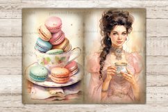 Watercolor vintage pages Junk Journal tea party. A white-skinned brunette girl in a pink Victorian dress and a necklace around her neck holds a cup of tea with a flower print and a saucer in her hands. Cup of tea on a saucer full of colorful macaroons