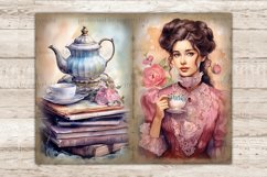 Watercolor vintage pages Junk Journal tea party. A white-skinned brunette girl in a pink Victorian dress holds a cup of tea with a flower print and a saucer in her hand. Tea set of a teapot and a cup on a saucer next to a rose on a stack of books