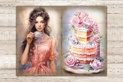 Watercolor vintage pages Junk Journal tea party. A white-skinned brunette girl in a pink Victorian dress holds a cup of tea decorated with a blue pattern with a flower in her hand. Airy multi-tiered cake with whipped cream decorated with pink roses.