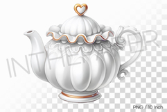 Watercolor white teapot with ornate embossed decoration PNG Product Image 1