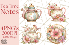 Tea Time Notes Clipart, Cozy Teapot and Cup Clip Art PNG Product Image 1