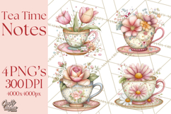 Tea Time Notes Clipart, Cozy Teapot and Cup Clip Art PNG Product Image 1