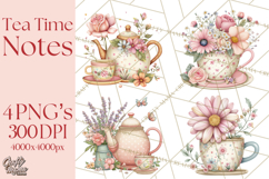 Tea Time Notes Clipart, Cozy Teapot and Cup Clip Art PNG Product Image 1