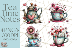 Tea Time Notes Clipart, Printable Teacup PNG, Romantic Product Image 1