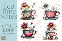 Tea Time Notes Clipart, Printable Teacup PNG, Romantic Product Image 1