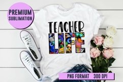 teacher life design on white t-shirt with wood background and flowers