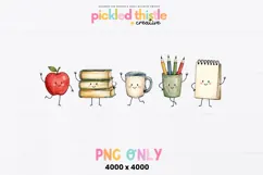 Watercolor school supplies PNG arranged as a wide row of five playful characters. Muted primary colors, loose painted texture and fine black outlines give the design a cheerful handmade look.