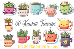 60 Teacup Cup Houseplant Kawaii Cartoon Sicker Illustration Product Image 1