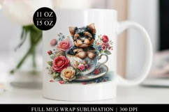 Yorkie Puppy Floral Teacup Full Mug Wrap Sublimation Design Product Image 1