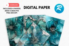 Teal Alcohol Ink Flower Digital Paper, Flower Background Product Image 1