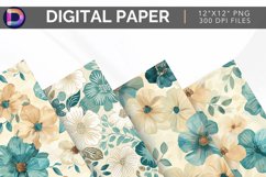 Teal &amp; Beige Flowers Seamless Pattern Digital Paper Product Image 1