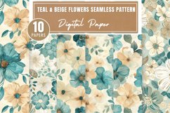 Teal &amp; Beige Flowers Seamless Pattern Digital Paper Bundle Product Image 1