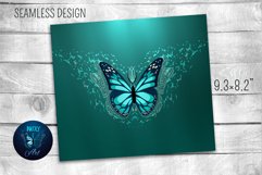 Teal butterfly tumbler wrap sublimation design with on turquoise gradient seamless background.  20 oz skinny tumbler full wrap png files for download.