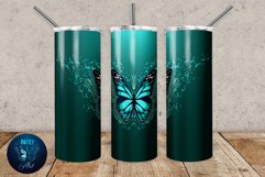 Teal butterfly tumbler wrap sublimation design with on turquoise gradient seamless background.  20 oz skinny tumbler full wrap png files for download.