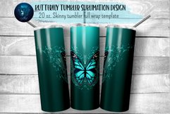 Teal butterfly tumbler wrap sublimation design with on turquoise gradient seamless background.  20 oz skinny tumbler full wrap png files for download.