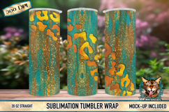 Teal skinny tumbler wrap mockup featuring gold leopard print and glitter accents for 20oz straight sublimation tumblers.