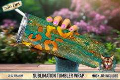 Teal and gold leopard glitter 20oz skinny tumbler sublimation wrap design with metallic streak background and faux glitter texture.