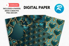 Teal And Golden Luxurious Hearts Digital Paper Product Image 1