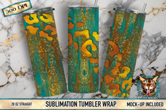 20oz straight tumbler wrap PNG design in teal with gold leopard spots and faux glitter metallic finish, high resolution 300 DPI