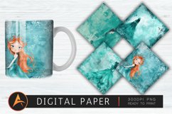 Teal Watercolor Princess Digital Paper PNG Product Image 1