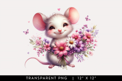 Little Mouse Holding Flower Bouquet Watercolor Clipart Product Image 1
