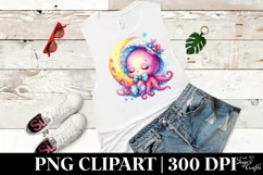 Cute Baby Octopus on Moon with Floral Ornament | Sublimation Product Image 1