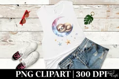 Vibrant Watercolor Pastel Baby Sloth Sleeping on Moon with Product Image 1