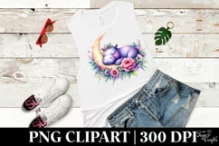 Vibrant Watercolor Hippo Sleeping on the Moon with Flowers Product Image 3