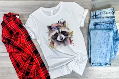 Cute Raccoon with Flowers Watercolor PNG for Sublimation Product Image 3