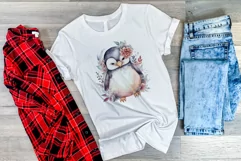 Cute Penguin and Flowers Watercolor PNG for Sublimation Product Image 3