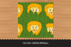 Seamless Cartoon Lion Pattern with Green Jungle Leaves Product Image 2